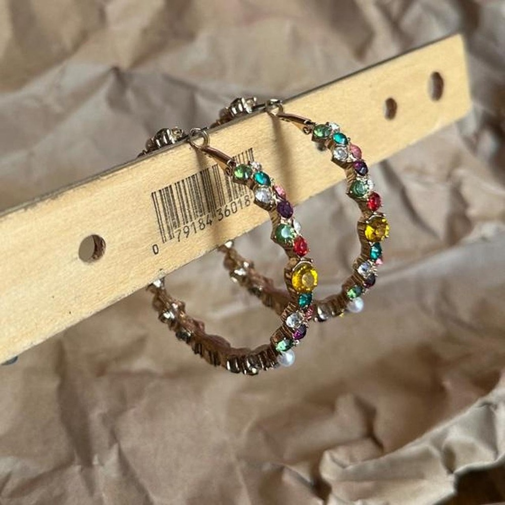 Multicolored Rhinestone Hoop Earrings - Picture 2 of 3